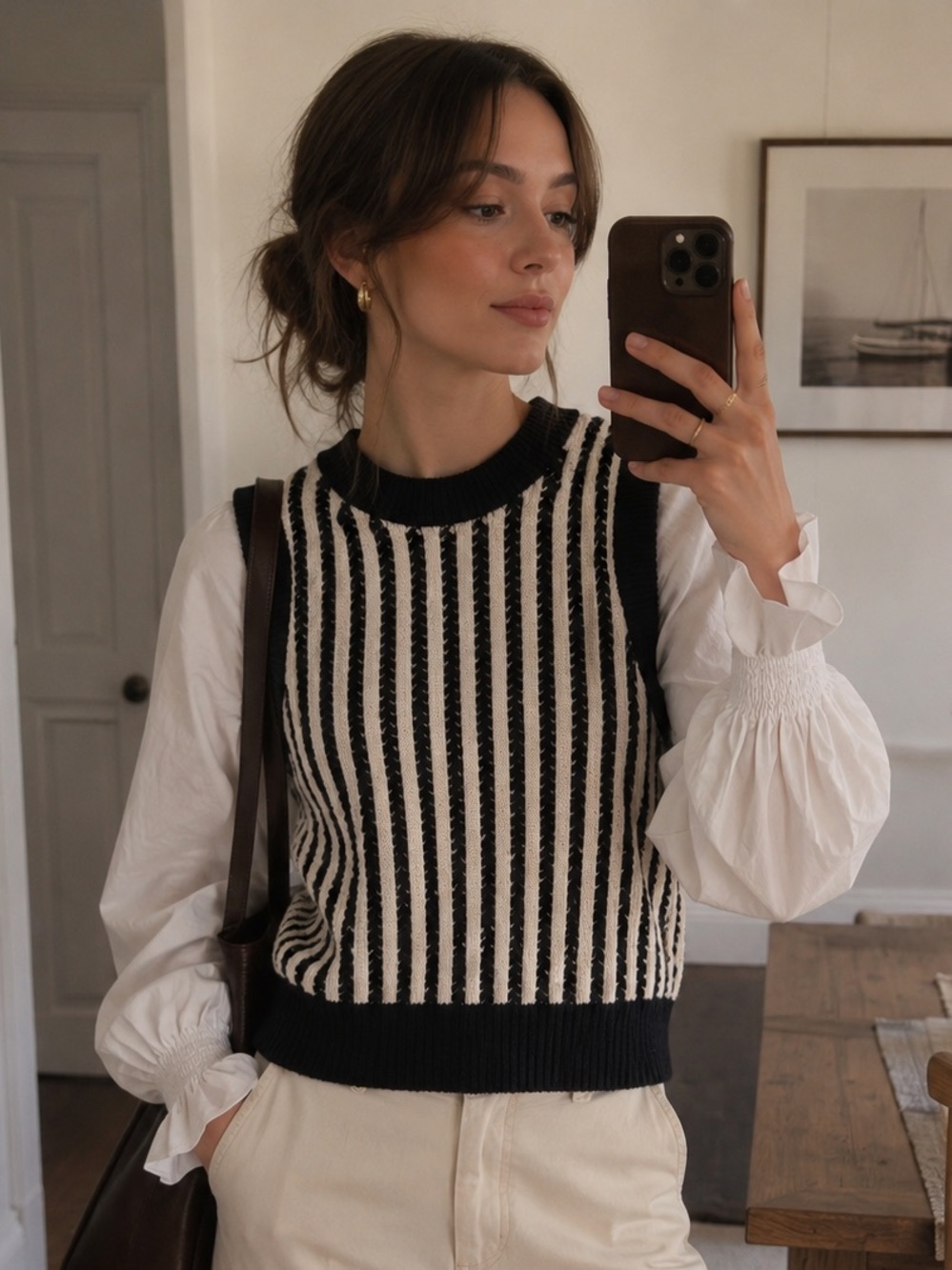 French Connection Layered Sweater Vest Blouse Black White Small Peasant Preppy